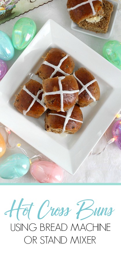Hot Cross Buns are an Easter tradition and a lovely, sweet breakfast treat with the warm flavor of cinnamon. Dough is made easily in a bread machine (or stand mixer), shaped and baked. Frosting is piped on top in the shape of a cross. Perfect addition for brunch with hard-boiled, colored eggs.