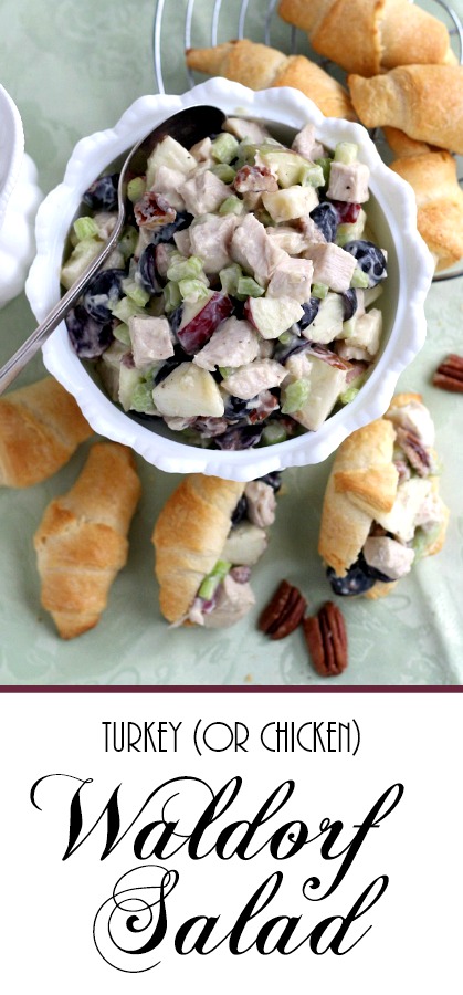 Turkey Waldorf Salad is such an easy meal and full of good-for-you ingredients like apples, grapes and nuts. No wonder it is a long-time classic recipe. Use leftover roasted turkey or cooked chicken and enjoy piled on crescent rolls, croissants, bread or serve on a bed of lettuce greens for lunch or dinner. 