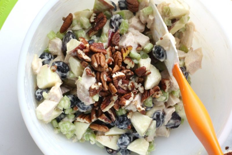 Turkey Waldorf Salad is such an easy meal and full of good-for-you ingredients like apples, grapes and nuts. No wonder it is a long-time classic recipe. Use leftover roasted turkey or cooked chicken and enjoy piled on crescent rolls, croissants, bread or serve on a bed of lettuce greens for lunch or dinner. 