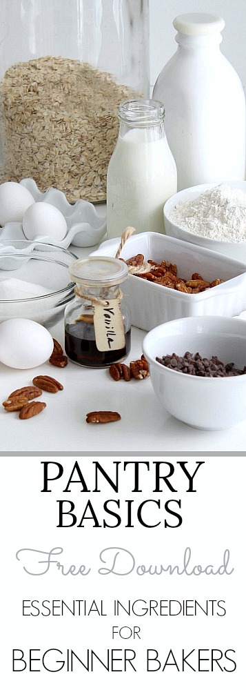 Pantry Baking Essentials ~ Learn about various flours, leaveners, sweeteners, dairy products, extracts and spices needed to get your kitchen pantry up to speed and ready for most baking needs with Pantry Basics: Essential Ingredients for Beginner Bakers. It's FREE and perfect for newlyweds or those setting up house.