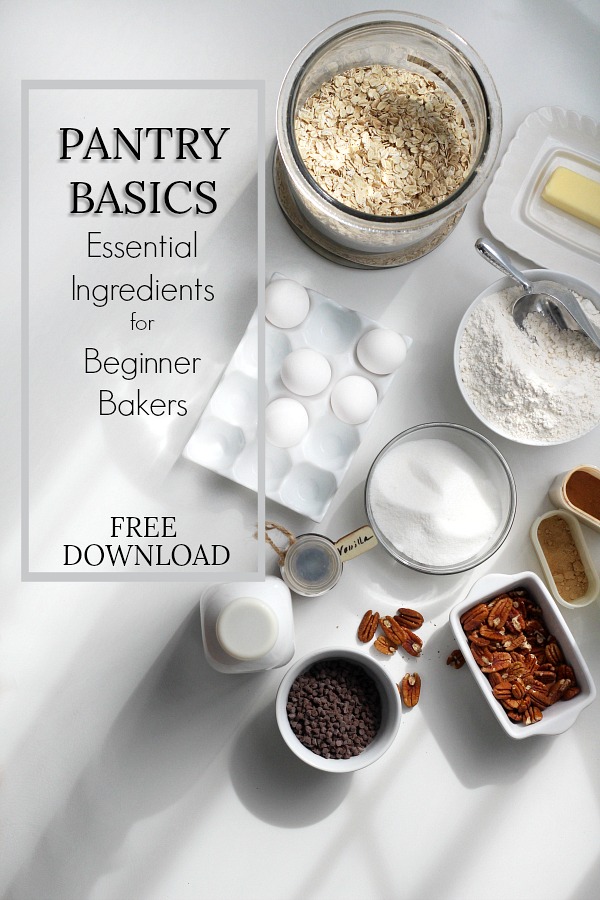 Learn about various flours, leaveners, sweeteners, dairy products, extracts and spices needed to get your kitchen pantry up to speed and ready for most baking needs with Pantry Basics: Essential Ingredients for Beginner Bakers. It's FREE and perfect for newlyweds or those setting up house.