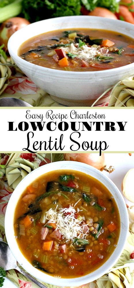 Make a pot of hearty Charleston Lowcountry Lentil Soup. This southern recipe is easy and full of carrots, celery, onion, tomatoes and of course, lentils. Inspired by a visit to Charleston, South Carolina