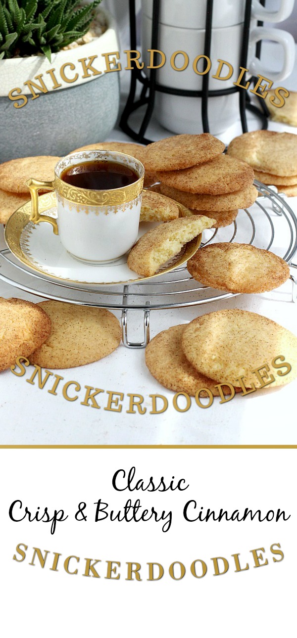 Easy recipe for classic Snickerdoodles. Buttery cookies rolled in cinnamon sugar and baked until edges are crisp and centers are soft. Delicious served with coffee or as an after school treat for kids with glasses of cold milk.