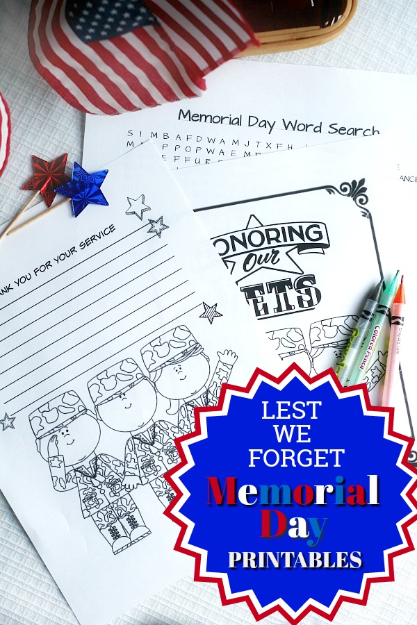 Honoring our Veterans with free Memorial Day printables for Kids. Fun coloring page, a patriotic word search and a page to write a letter of thanks to encourage someone you know that served in the military. Set out some markers and crayons and let the kids celebrate this holiday creatively.