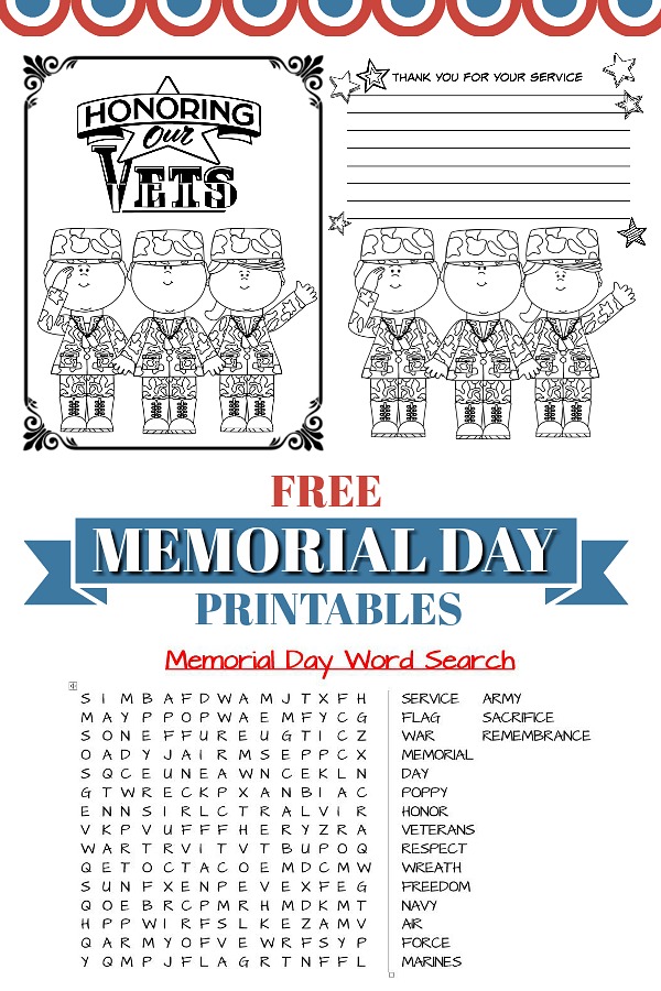 FREE Patriotic Memorial Day printables to help kids remember those who have served in the military. Perfect to use during your holiday cookout or picnic celebration to honor Veterans.