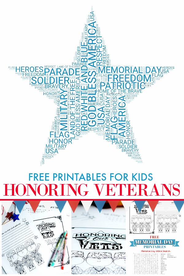 Fun patriotic Memorial Day printables for kids to teach them to remember and honor Veterans this holiday. Coloring page, word search and letter writing page are all Free.