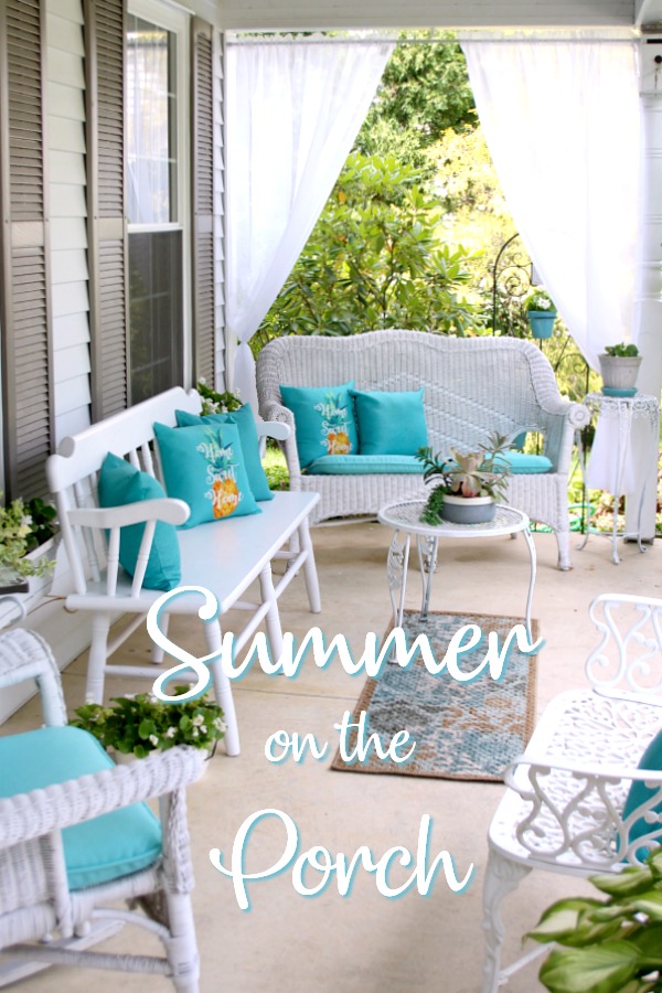 A little updating, easy decorating and sheer curtains give the porch curb appeal. Summer on the porch is the perfect place for quiet time or entertaining.