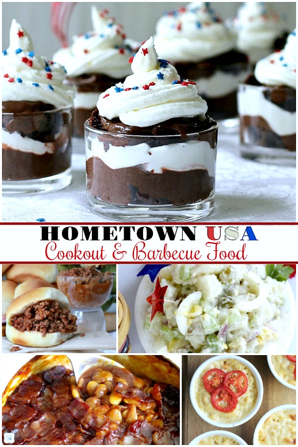 Hometown USA cooking and barbecue foods perfect for 4th of July. Potato salad, baked beans, sloppy Joes, Mac & cheese and Brownies!