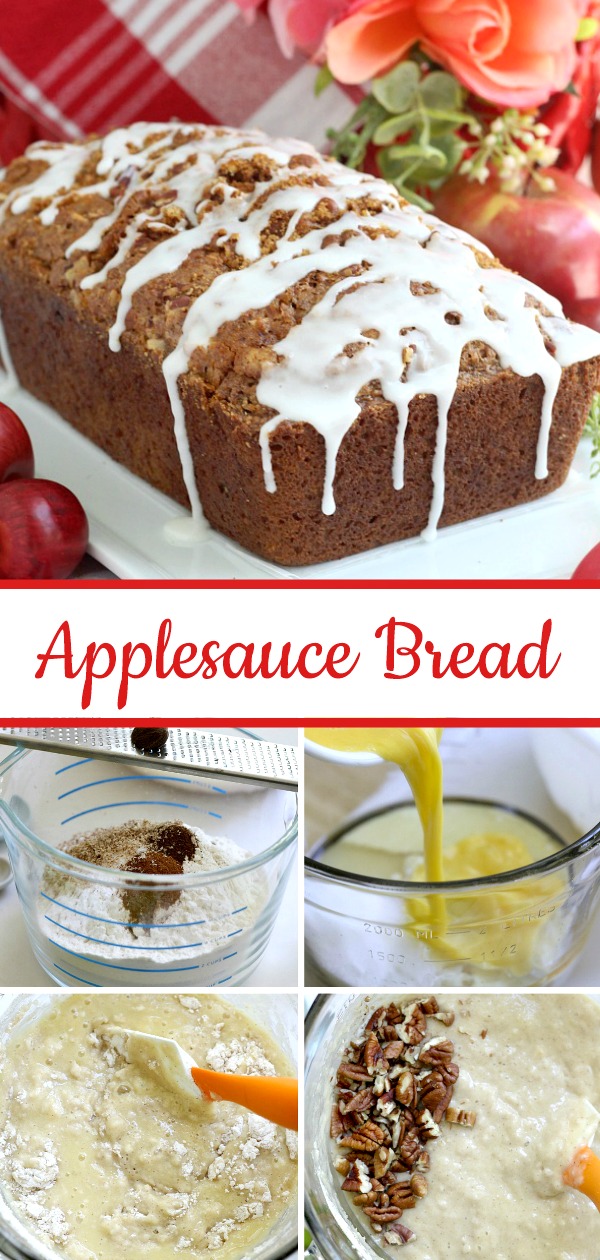 Easy recipe for frosted applesauce bread full of warm flavors of cinnamon, allspice & nutmeg. You don't even need a mixer to make this delicious quick bread.