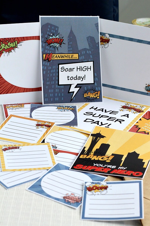 While thinking of school supplies, new clothes and shoes, take a moment to download and print these FREE comic hero lunch box notes and cards for your super child. Let them know you are thinking of them while sending words of encouragement. 