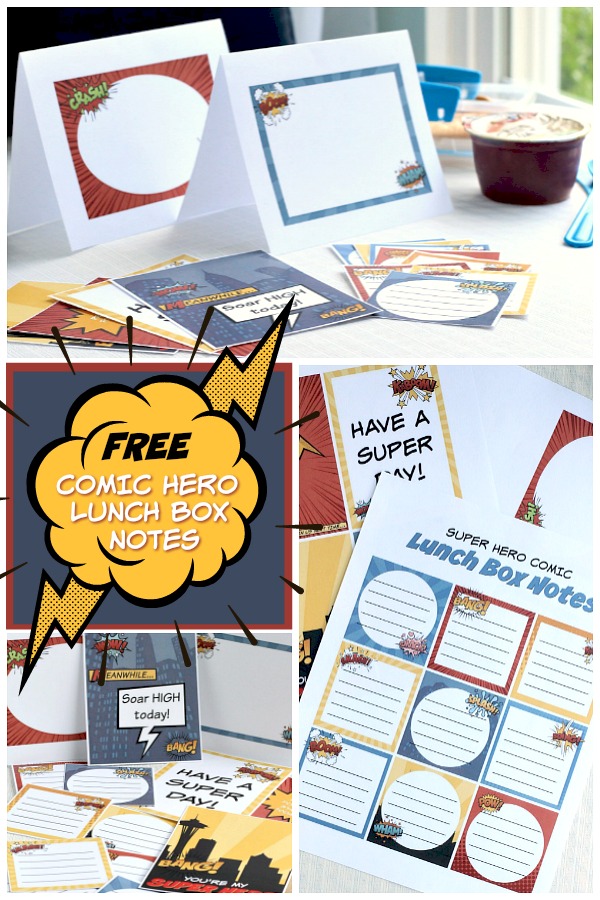 While thinking of school supplies, new clothes and shoes, take a moment to download and print these FREE comic hero lunch box notes and cards for your super child. Let them know you are thinking of them while sending words of encouragement.Â 