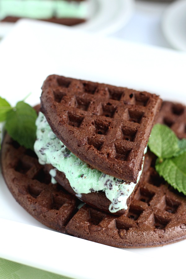 Cake Mix Chocolate Waffles filled with mint chocolate chip (or your favorite) ice cream is an easy to make dessert and a fun change from birthday cupcakes.