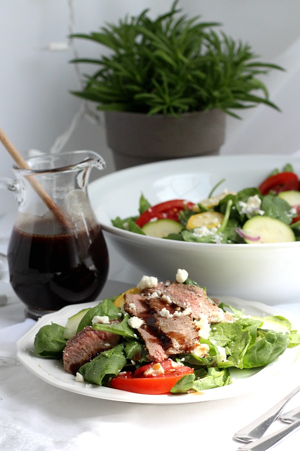 Easy recipe for a delicious cherry balsamic vinaigrette made with cherry preserves. Full of flavor and perfect on a bed of mixed greens or spinach.  Add your favorite salad add-ins. Serve as is or top with grilled steak, chicken or shrimp.