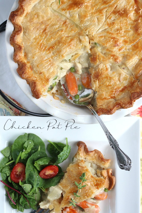 Chicken Pot pie is an all-time favorite comfort food and for good reason. Chunks of tender chicken, carrots and peas in a creamy gravy with a flaky, golden pie crust. A great meal for Sunday dinner or a family weeknight meal. Make it easy and cut prep time by using rotisserie chicken and frozen vegetables.