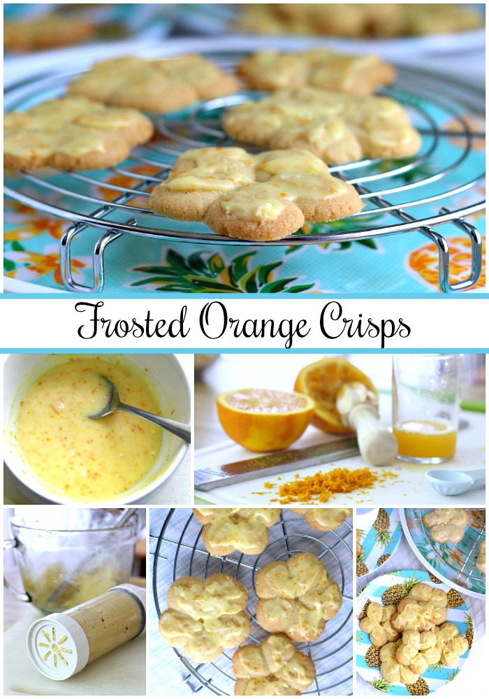 Frosted orange crisps are cookies flavored with orange in the dough and topped with a light orange frosting. They are crisp, tender and the citrus provides a nice surprise in each bite. Made using a cookie press similar to spritz or shortbread cookies but are sweeter. Perfect with a cup of tea, coffee or glass of milk.