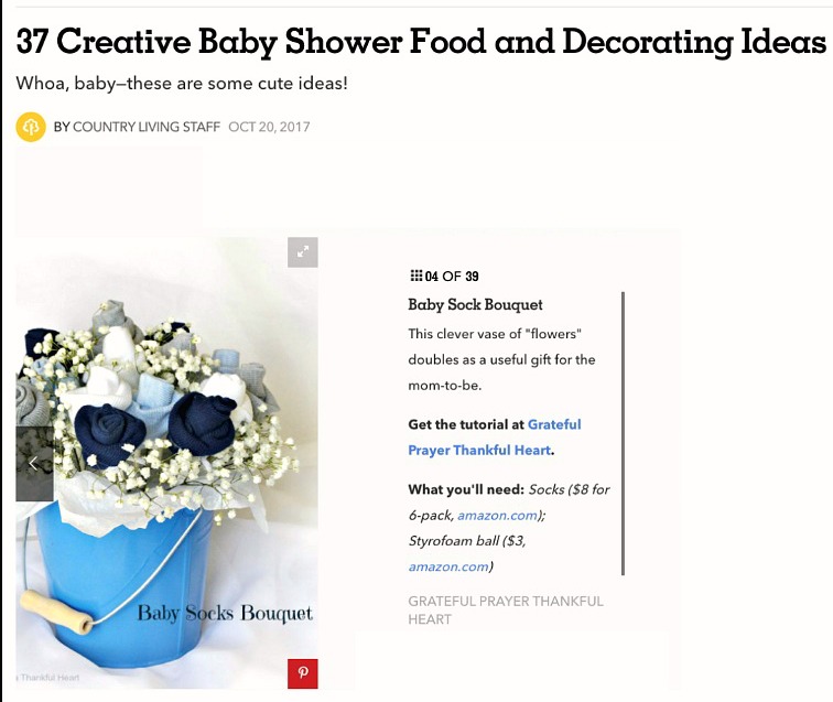 Country Living Magazine featured Grateful Prayer Thankful Heart Baby Sock Bouquet Craft Post.