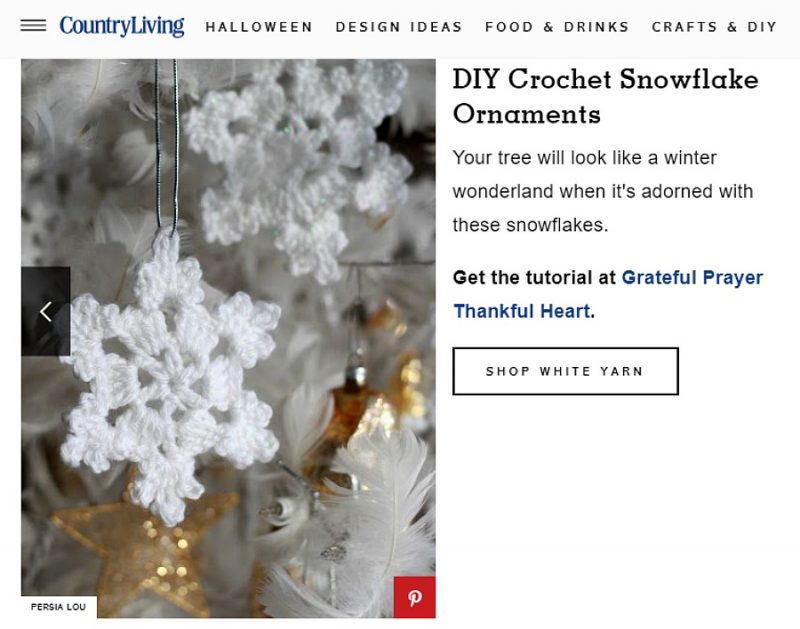 Country Living Magazine featured Grateful Prayer Thankful Crochet Snowflake Pattern Post.