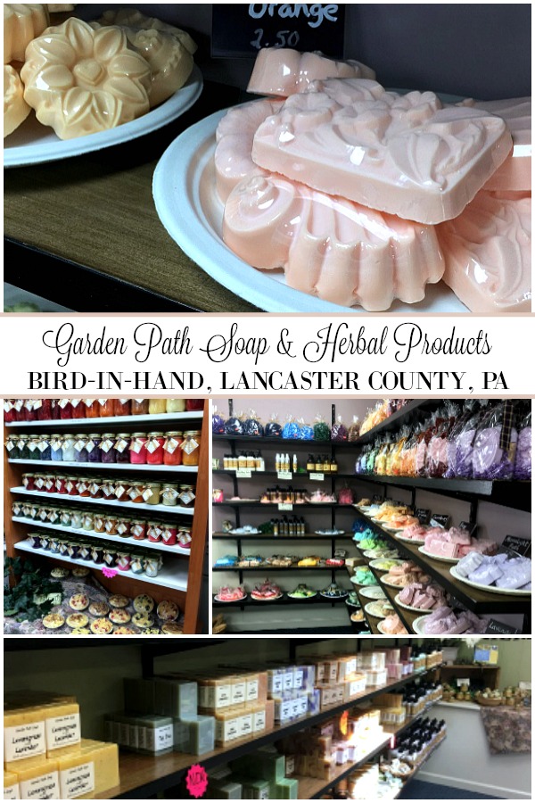 Garden Path Soap & Herbal Products located in Bird-in-Hand, Pennsylvania Dutch area of Lancaster County has a huge line of homemade, natural soaps and a full line of richly scented palm wax candles. Don't miss hidden gem to stock up on personal and gift-giving items.