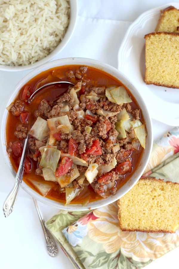 Do you like stuffed cabbage rolls but not the work and mess? Unstuffed Cabbage Soup is super easy and has all of the tastes you love. It is delicious! Serve a piping hot bowlful with cornbread if you would like.