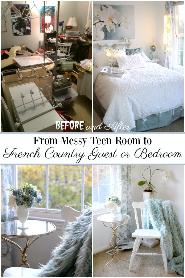 Before and After ~ DIY Bedroom makeover from messy teen room to Mom's French Country retreat. A bright, beautiful place for reading, resting and relaxing all done on a budget. 
