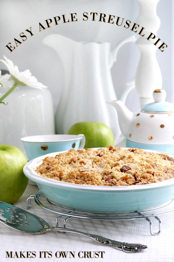 Lots of yummy apples fill this easy pie that makes its own crust. Topped with a sweet and crumbly streusel for a perfect dessert anytime.