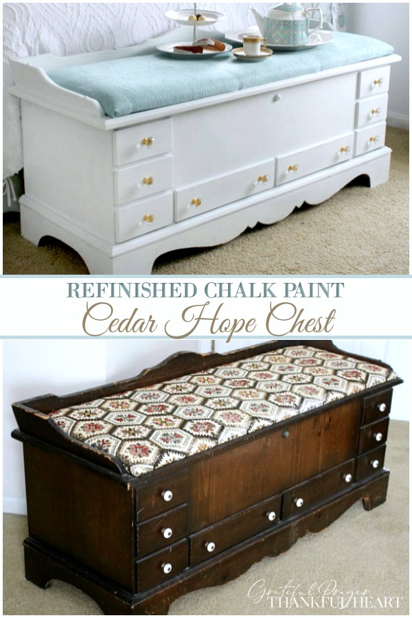 Refinished DIY vintage Lane cedar hope chest using chalk paint and sealing wax brought new life to a dark and dated piece of furniture. An easy makeover that looks beautiful in my Shabby chic, French Country room.