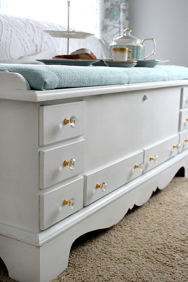 Refinished DIY vintage Lane cedar hope chest using chalk paint and sealing wax brought new life to a dark and dated piece of furniture. An easy makeover that looks beautiful in my Shabby chic, French Country room.