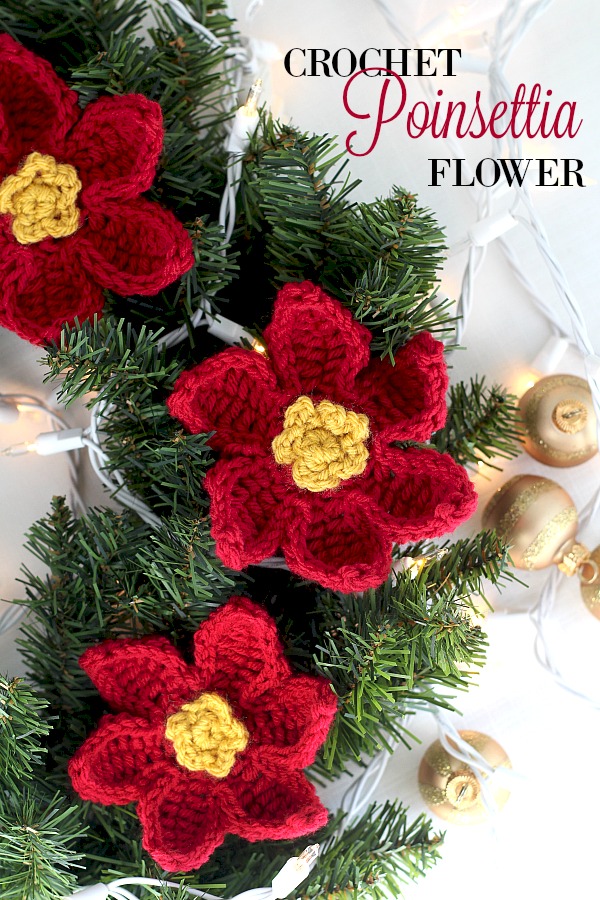 Make pretty crochet poinsettia flowers for holiday decorating. They work up quickly and are perfect for embellishing gifts, sewn to pillows, decorating wreaths or hung as ornaments. Make in traditional red or to match your home decor. 