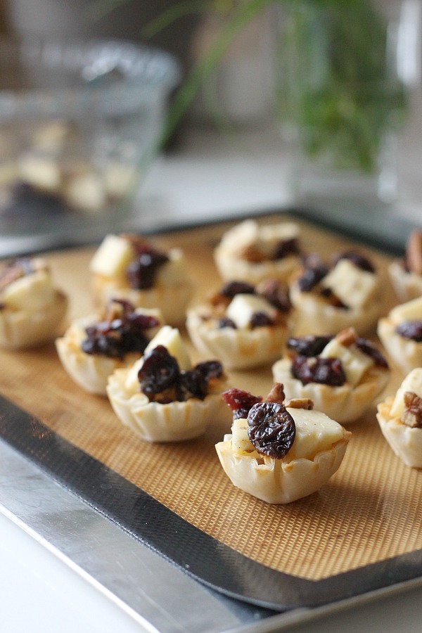 The holidays are a special time of entertaining and parties. Even a small get together with just a few friends is reason enough to set out some tasty tidbits. Brie tartlets with cranberries and cherries is a tasty appetizer that easy, quick and yummy!