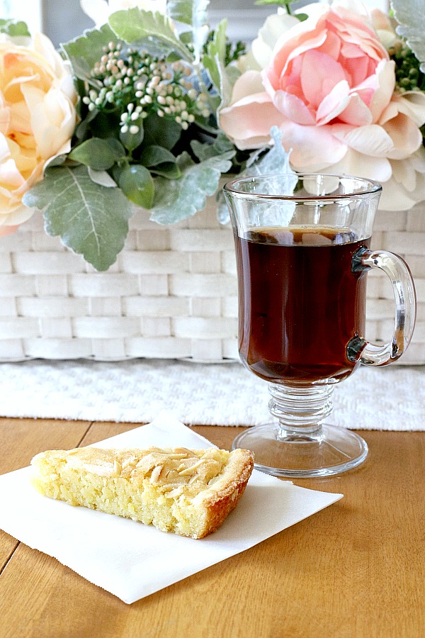 Swedish Visiting Cake with almonds is a delicious small-sized cake ready in no time. Whisked together in one bowl and baked until golden, it is a great recipe to keep near when you need a quick dessert.