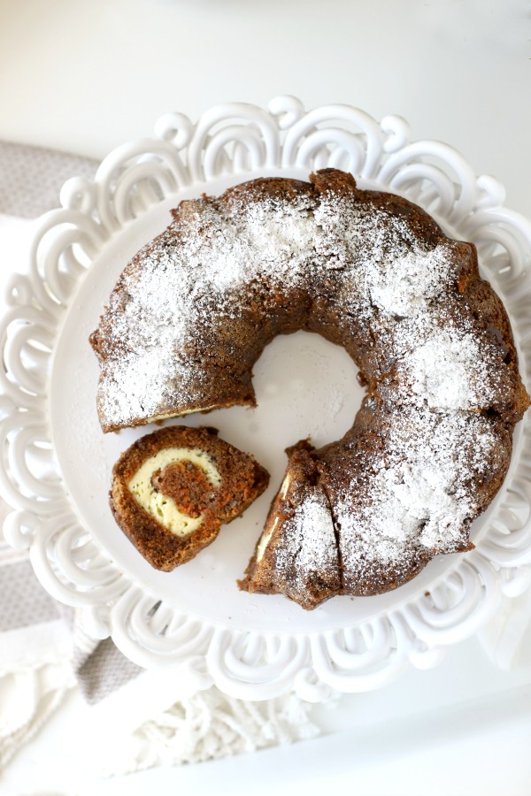 Inside this lovely surprise carrot Bundt cake is a swirly tunnel of yummy cream cheese. So moist and delicious, all that is needed is a dusting of confectioners' sugar. A sweet addition for your Easter dessert table.