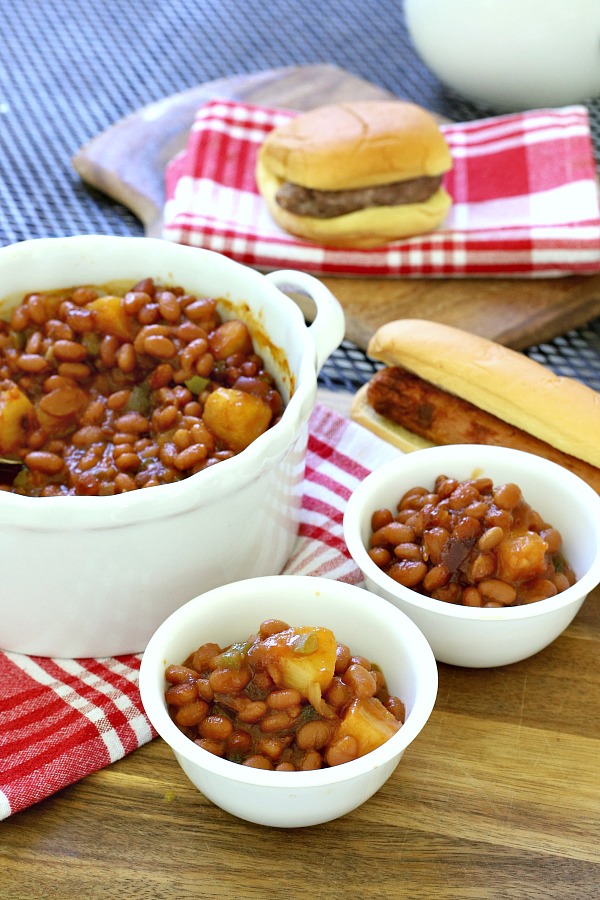 Everyone's favorite cookout side, Hawaiian Baked Beans with pineapple, molasses and brown sugar is quick and easy. Make this recipe on the stove top or bake in the oven. A perfect side for burgers and hotdogs. 
