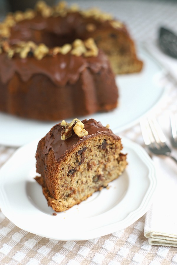 Sour cream is what makes this banana chocolate chip Bundt cake so moist and delicious. Serve with or without the chocolate frosting for a lovely dessert.