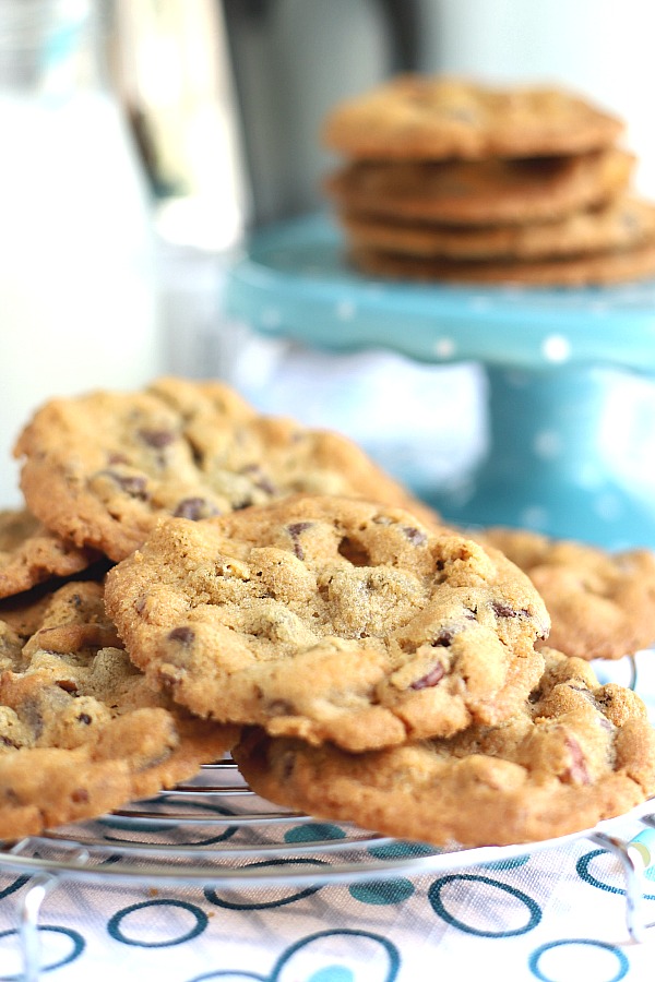 Of all the cookie recipes these Crunchy Chocolate Chip Cookies have a perfect balance of crunch on the outside and just the right chewiness on the inside. Lots of chocolate chunks and very satisfying! 