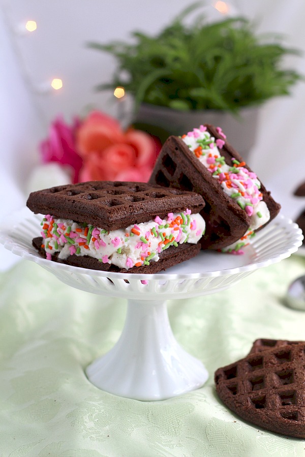 Cake Mix Chocolate Waffles filled with ice cream and dipped in sprinkles are an easy to make dessert and a fun change from birthday cupcakes.
