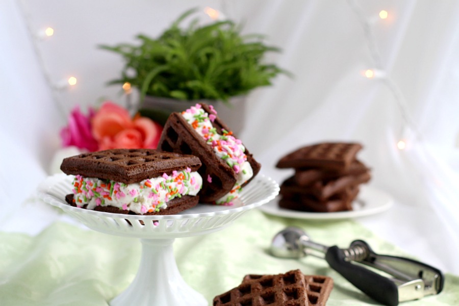 Cake Mix Chocolate Waffles filled with ice cream and dipped in sprinkles are an easy to make dessert and a fun change from birthday cupcakes.
