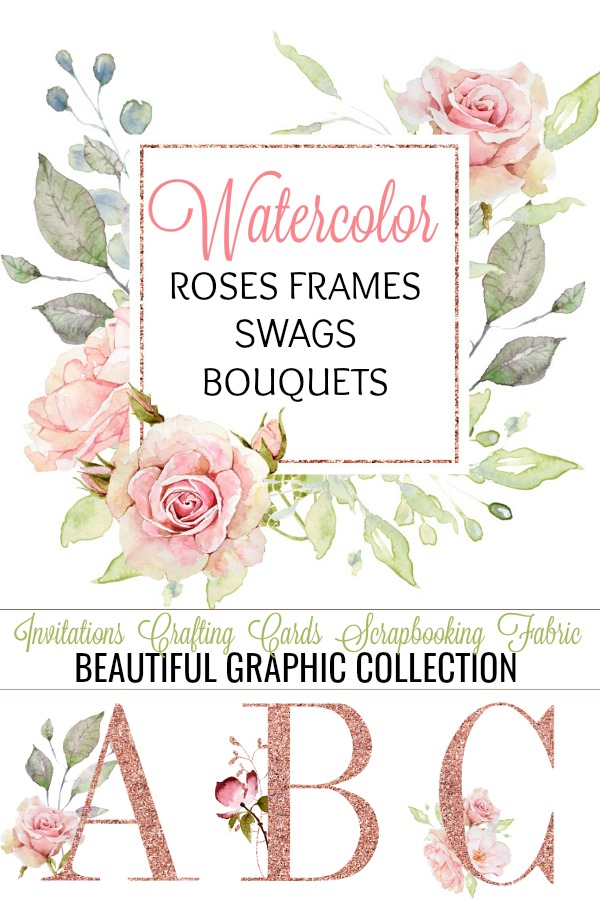 Create gorgeous invitations, cards products, planners and craft projects with pretty pink watercolor rose graphics with coordinating alphabet and frames.