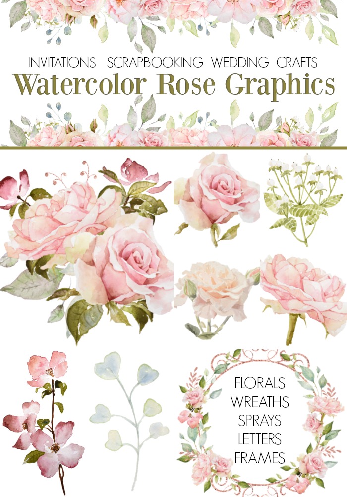 Beautiful watercolor rose graphics with leaves, swags, bouquets and rose gold alphabet are perfect for scrapbooking, journaling, invitations and crafting from Creative Marketing.