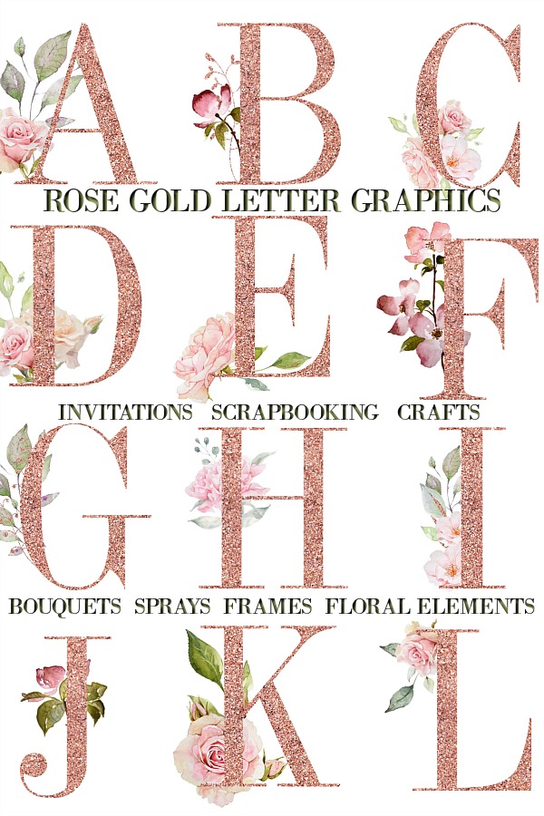 Beautiful rose gold alphabet letters with watercolor florals, frames, sprays and bouquets for wedding invitations, cards, printables and crafts from Creative Market.