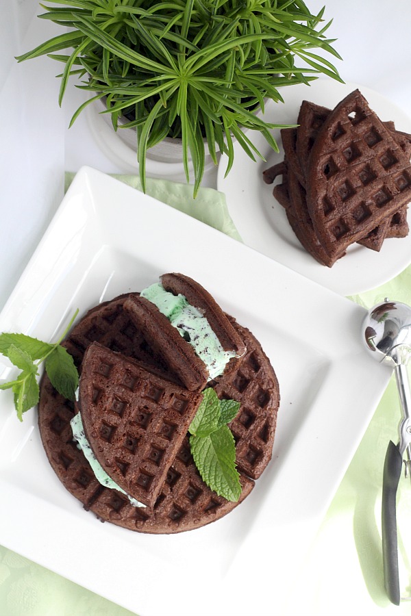 Cake Mix Chocolate Waffles filled with mint chocolate chip (or your favorite) ice cream is an easy to make dessert and a fun change from birthday cupcakes.