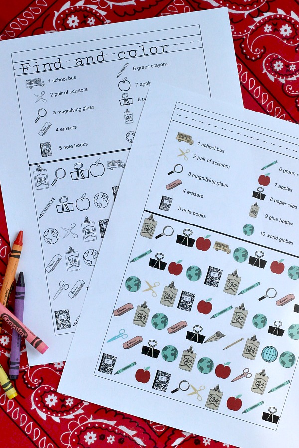 Back to school FREE printable for kids, find and color activity pages help with counting as little ones prepare for preschool, kindergarten and homeschool.