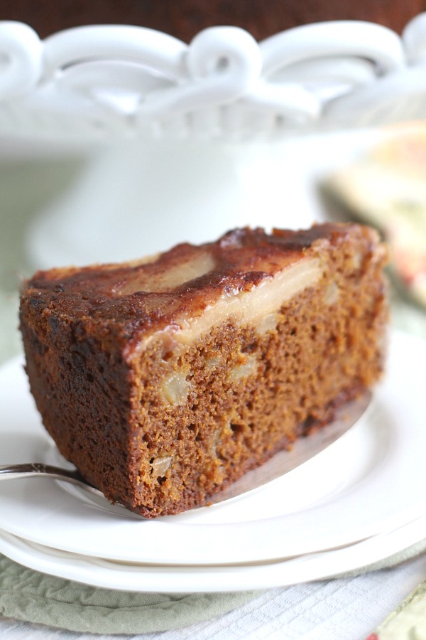 Perfect fall and Thanksgiving dessert, spiced pear upside down cake is full of autumn flavors like cinnamon, ginger, allspice and nutmeg. Caramelized pears top with additional pears in the batter making it a moist and delicious cake.