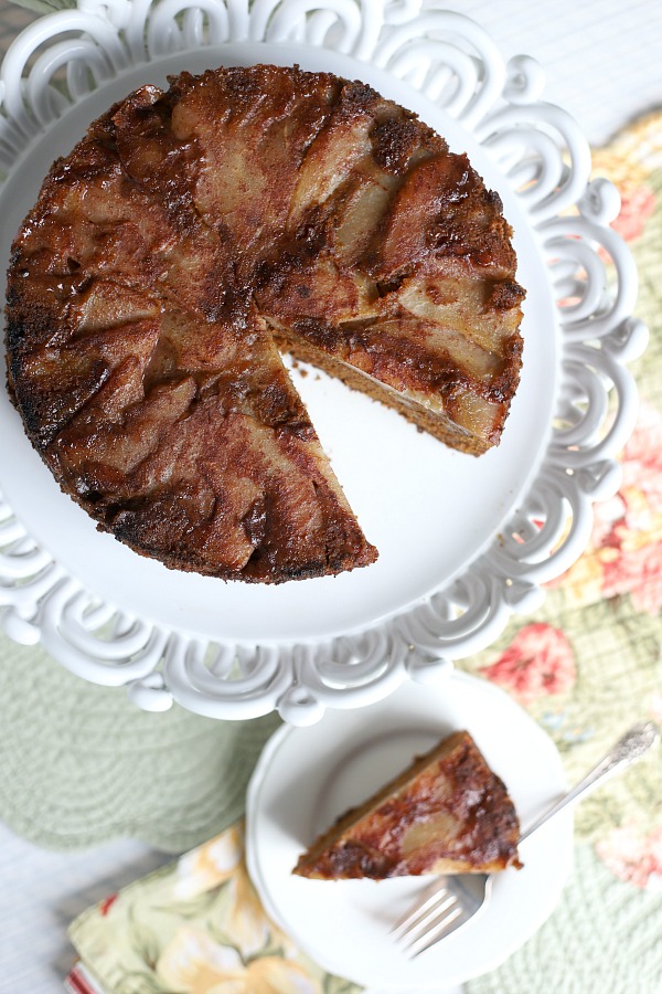 Spiced Pear Upside Down Cake is a deliciously moist cake with the wonderful flavors of cinnamon, ginger, allspice, nutmeg with a caramelized pear topping.