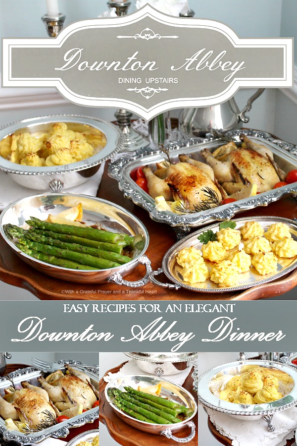 Create an elegant Downton Abbey dinner of Roasted Cornish Game Hens, Decadent Duchess Potatoes, Baked Asparagus and Crème Brûlée. Easy recipes for a charming evening with friends or your sweetheart.