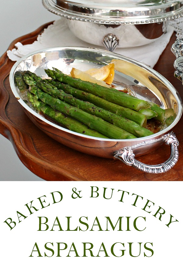Baked and buttery balsamic asparagus is part of an easy yet elegant Downton Abbey dinner with roasted Cornish game hens and Decadent Duchess Potatoes.