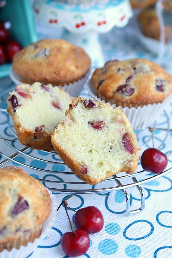 Easy recipe for cherry almond muffins are light in textured, unlike regular muffins that are more dense. Loaded with chunks of cherries and crunchy almonds. Bake a batch for breakfast, snacking or teatime.