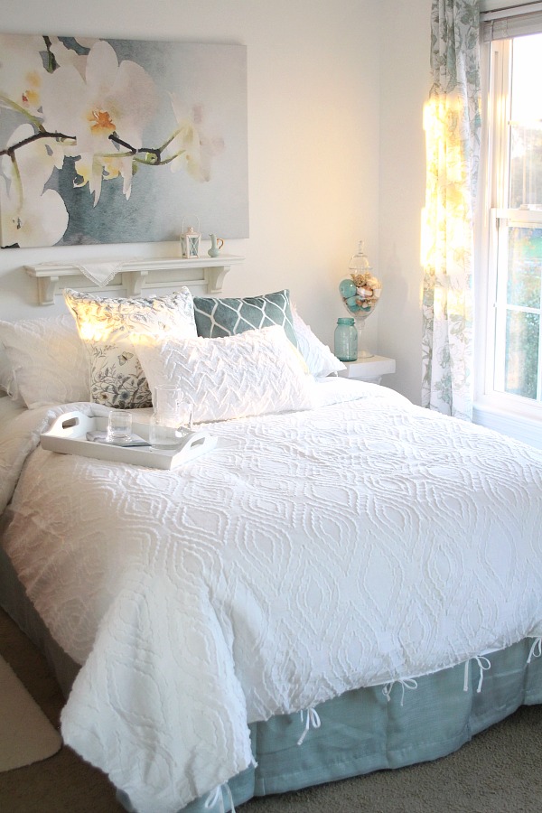 DIY Bedroom makeover from messy teen room to Moms French Country retreat or welcoming guest room. A bright, beautiful place for reading, resting & relaxing. 