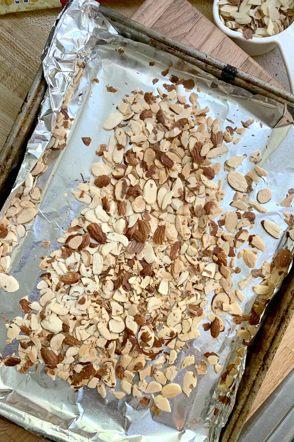 It takes just a few minutes to toast almonds in the oven bringing out the flavor of the nuts. So worth the extra step.