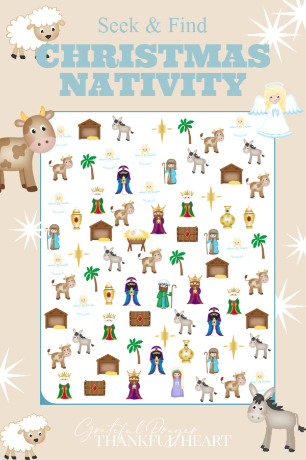 Teach little ones about the birth of Jesus with a fun seek & find pdf printable. Christmas nativity I SPY with cute bible characters is a perfect kid activity.