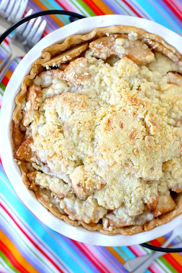 Apple crumb pie with its buttery and crunchy topping over sweet and tender apples is dessert perfection. Serve with a scoop of vanilla ice cream and enjoy a heavenly experience on a fork! 